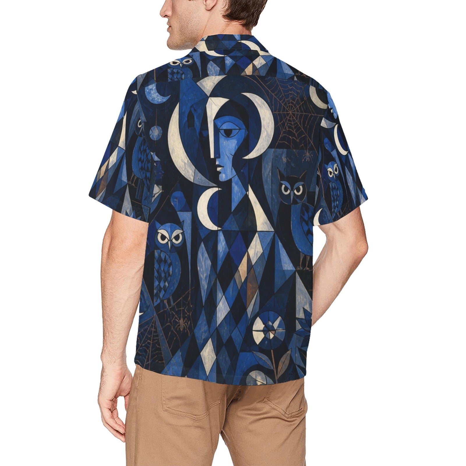 Men’s Celestial Moon Hawaiian Shirt | Navy Owl Camp Collar