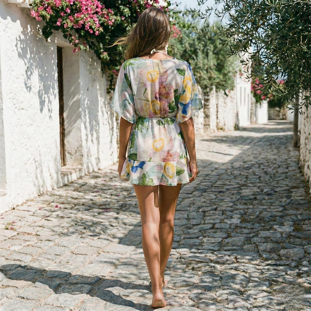 Boho Floral Chiffon Cover-Up Dress | V-Neck Beach Tunic