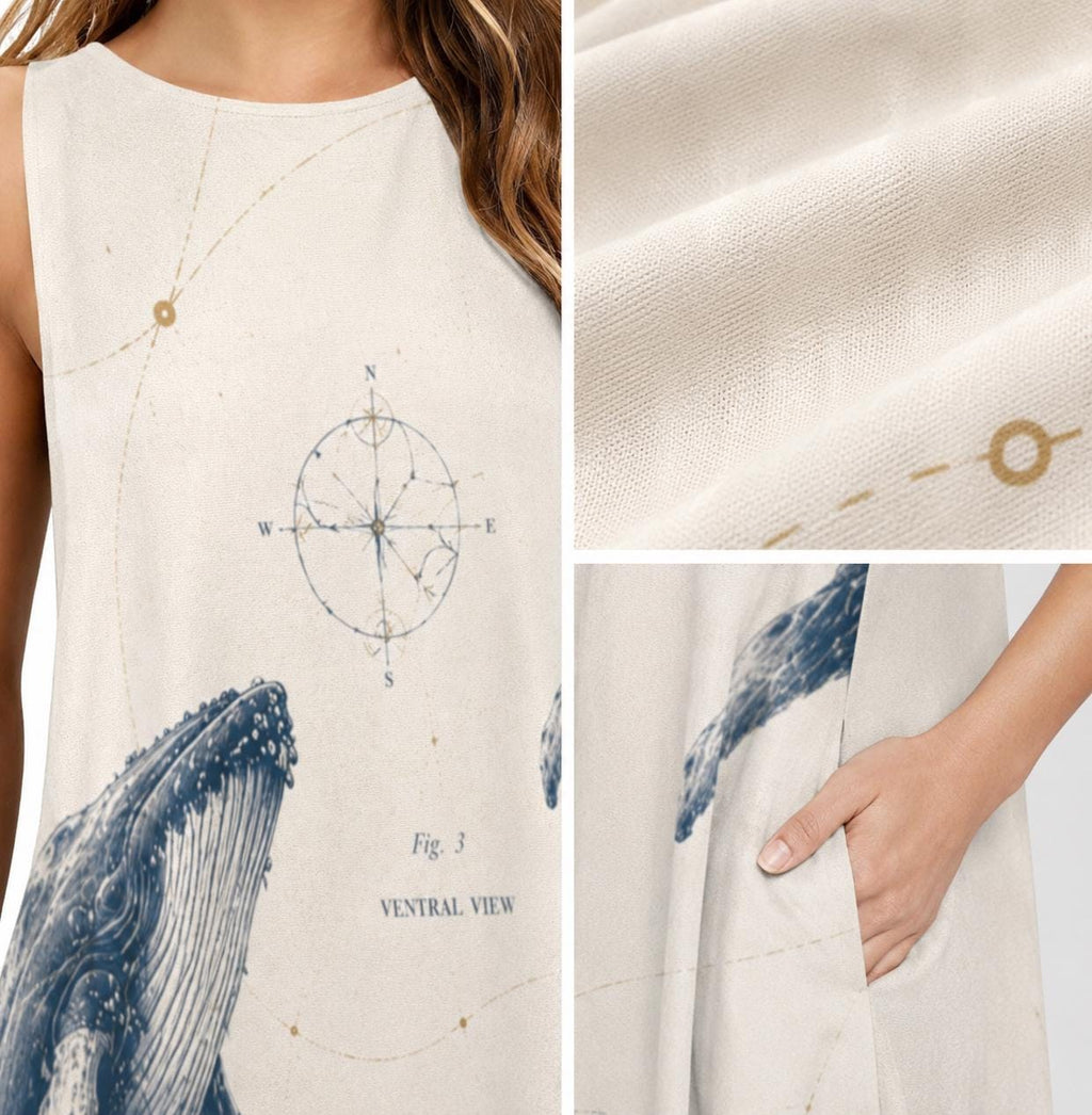 Whale Print A-Line Dress | Coastal Marine Pocket Mini Dress