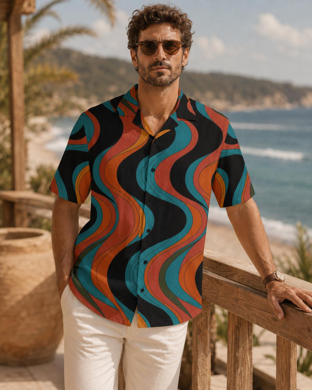 Men’s Retro Wave Hawaiian Shirt | 70s Resort Button-Up
