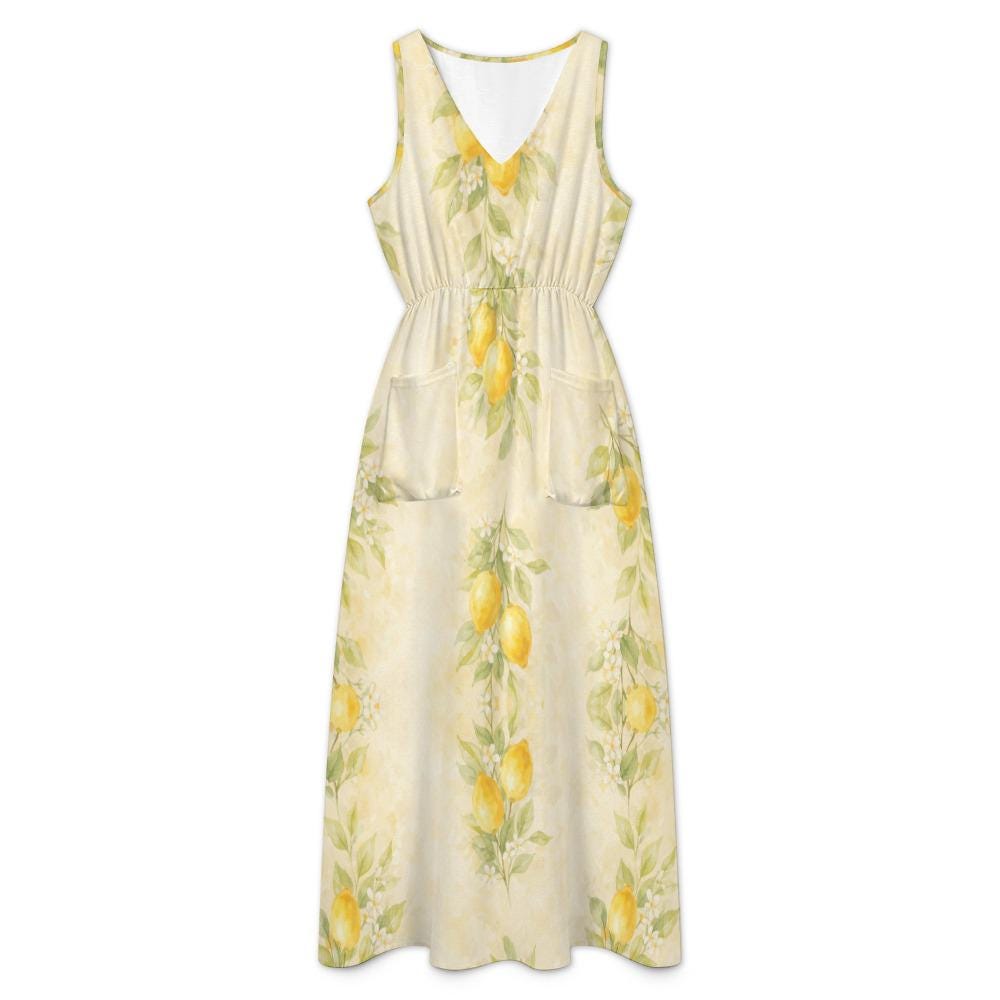 Lemon Maxi Dress | Watercolor Citrus Resort Dress with Pockets