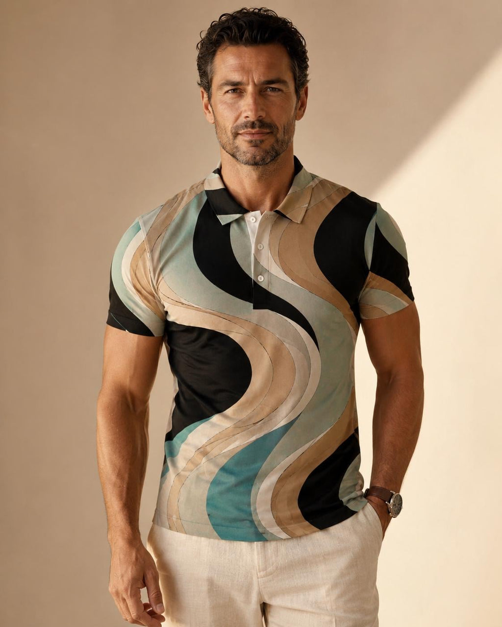Men’s Retro Geometric Polo Shirt | Mediterranean Resort Golf Top