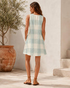 Beige Gingham Mini Dress | Scandinavian Coastal Pocket Sundress