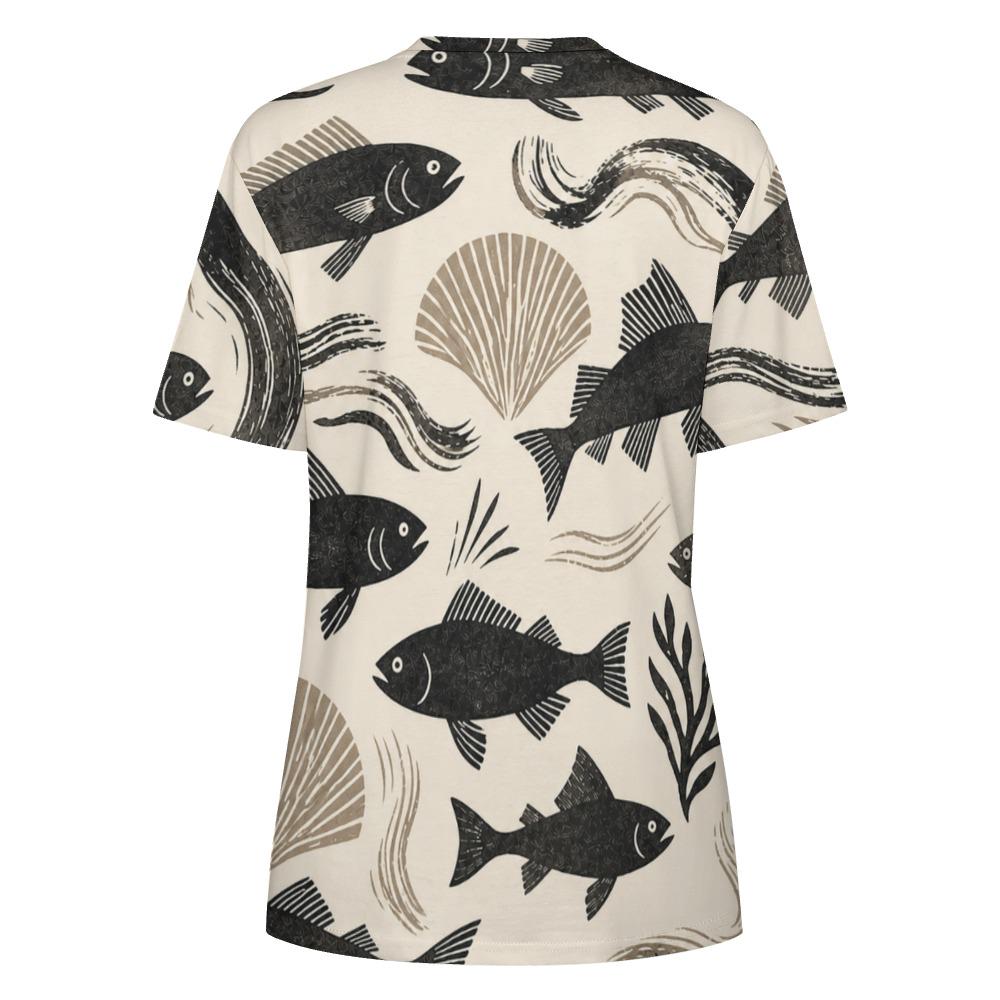 Coastal Fish Cotton T-Shirt | Mediterranean Seashell Graphic Tee