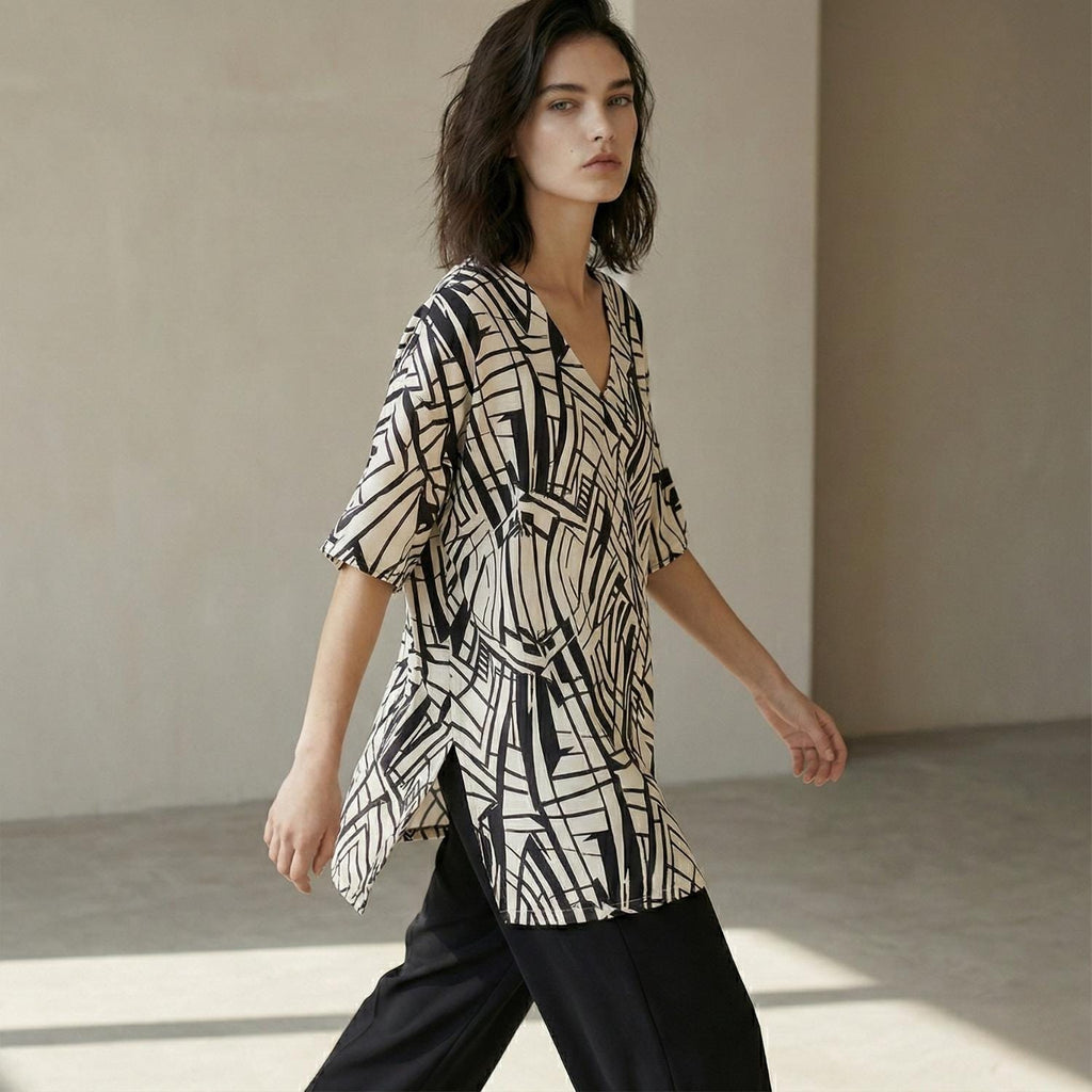 Architectural Cotton Tunic Top | Geometric V-Neck Artwear Blouse