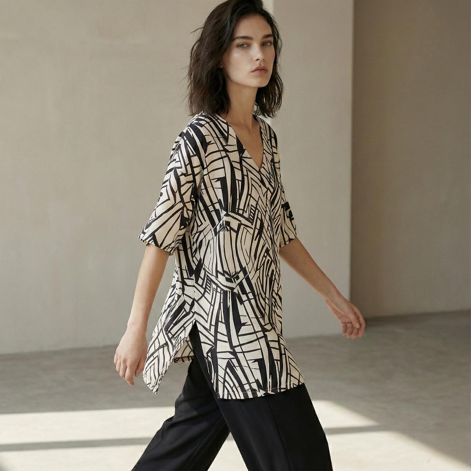 Architectural Cotton Tunic Top | Geometric V-Neck Artwear Blouse