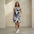 Blue Abstract Wave Mini Dress | Coastal A-Line Pocket Dress