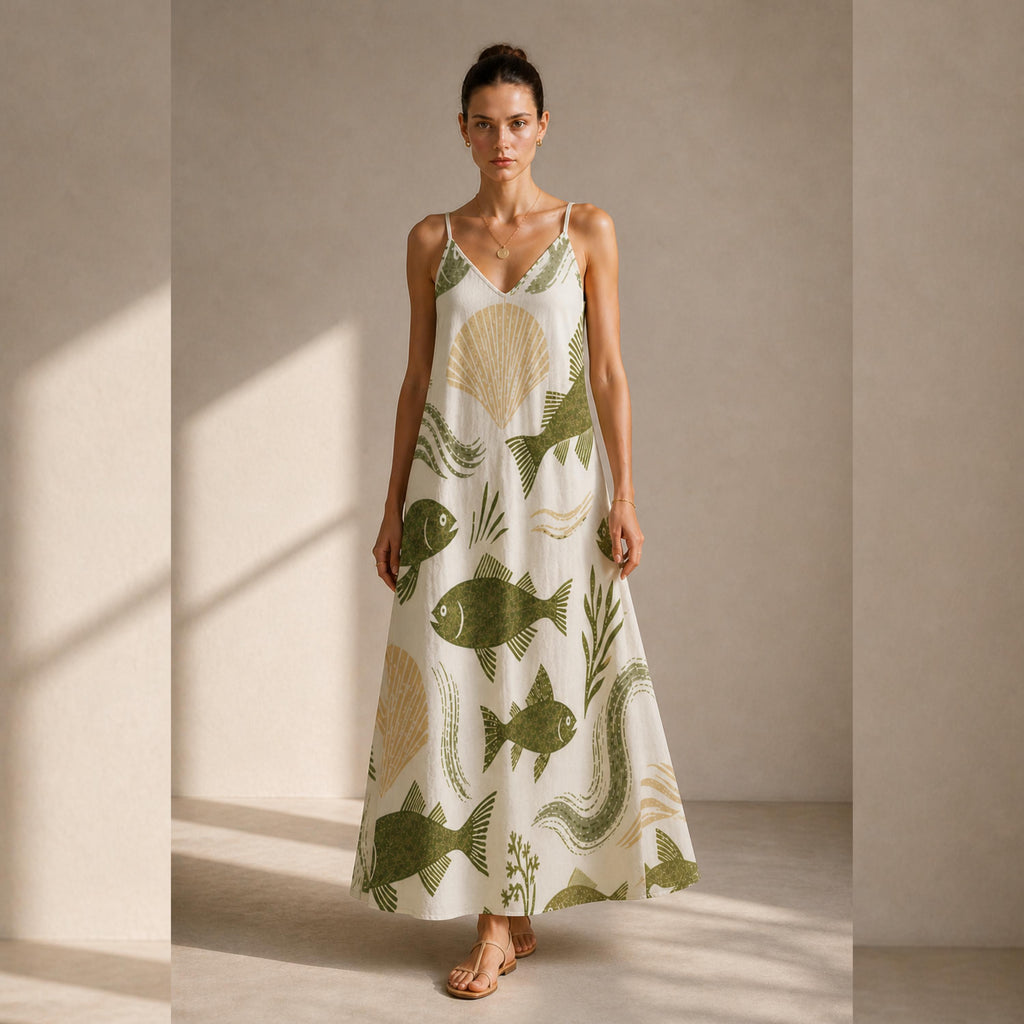 Coastal Fish Print Maxi Dress | Elegant Mediterranean Resort Dress