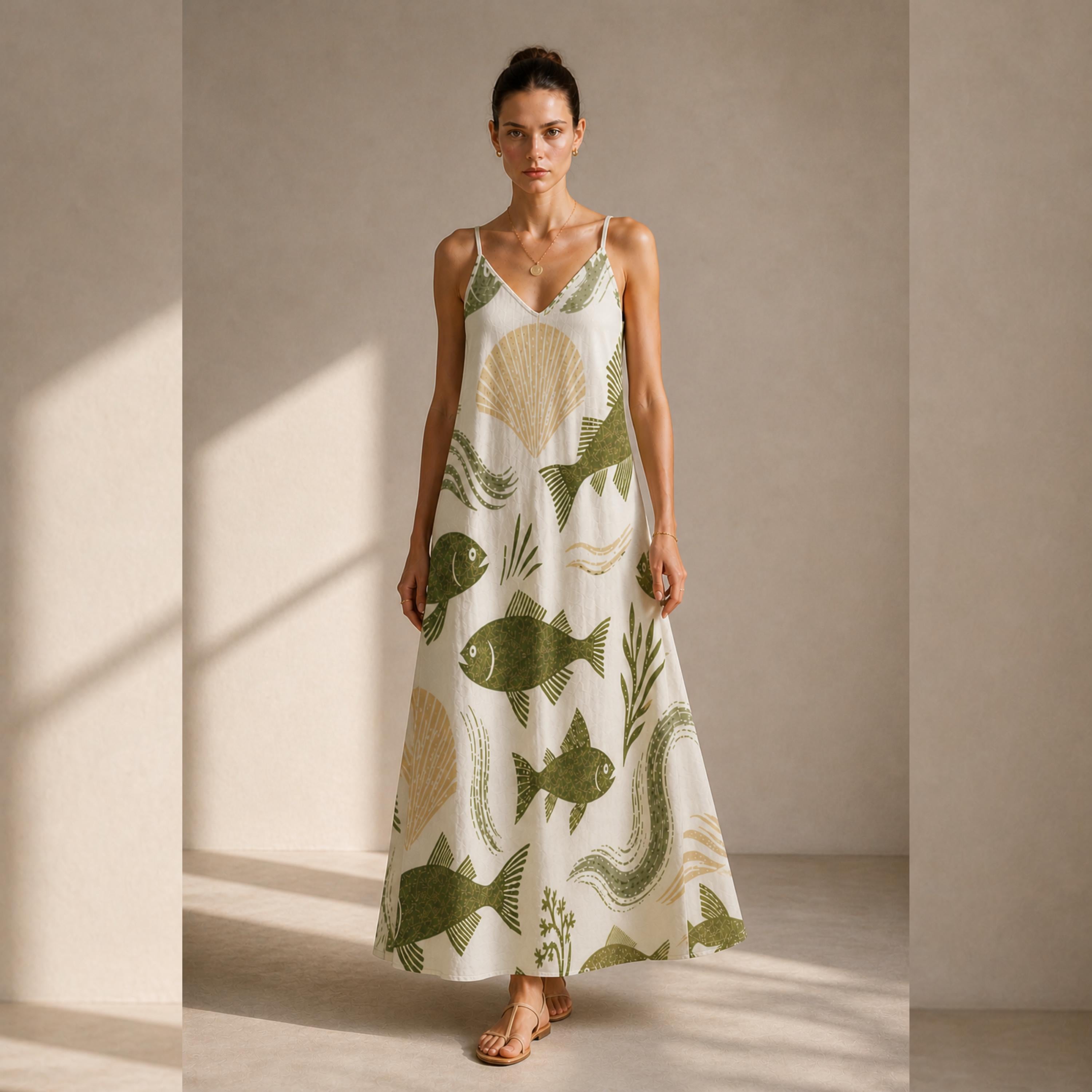 Coastal Fish Print Maxi Dress | Elegant Mediterranean Resort Dress