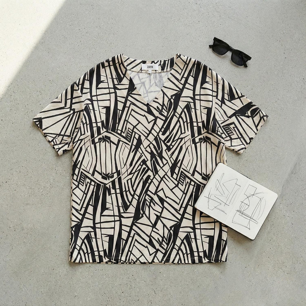 Architectural Cotton Tunic Top | Geometric V-Neck Artwear Blouse