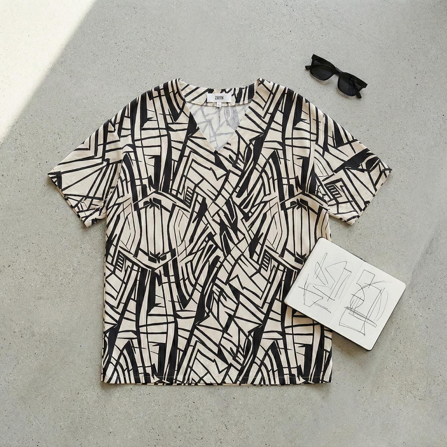 Architectural Cotton Tunic Top | Geometric V-Neck Artwear Blouse