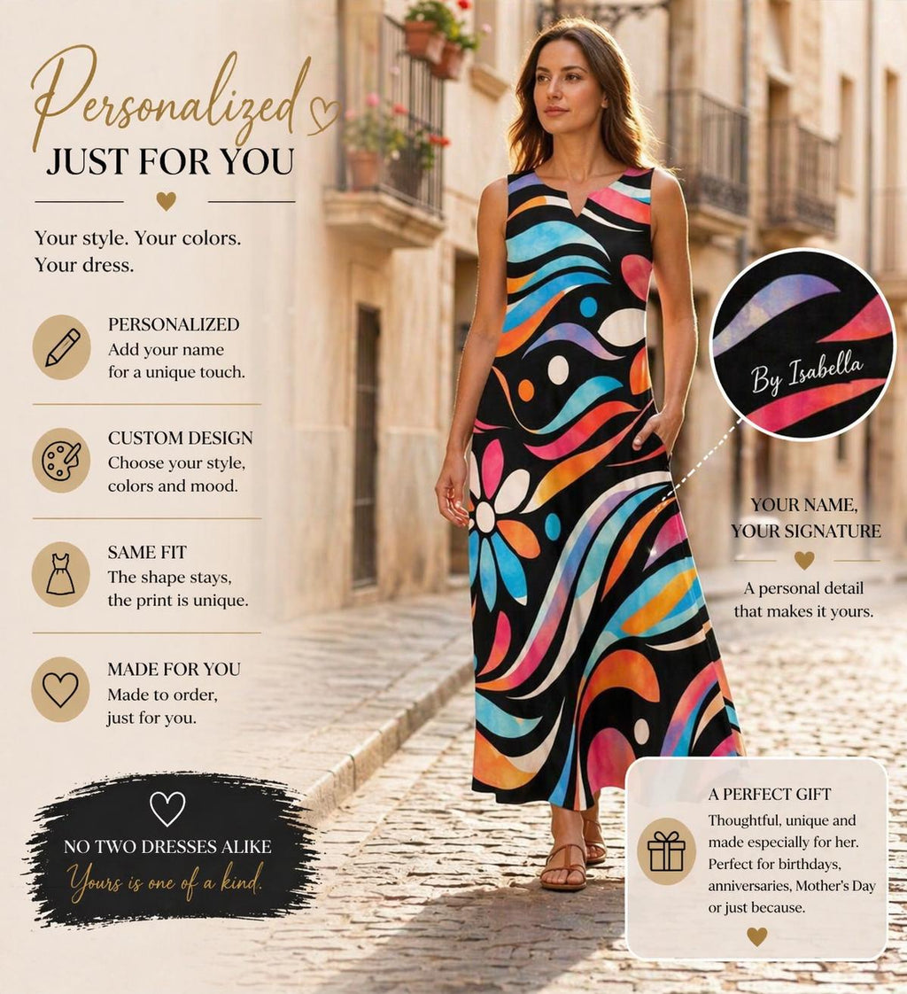 Colorful Artistic Maxi Dress with Pockets | Wearable Art Vacation Dress