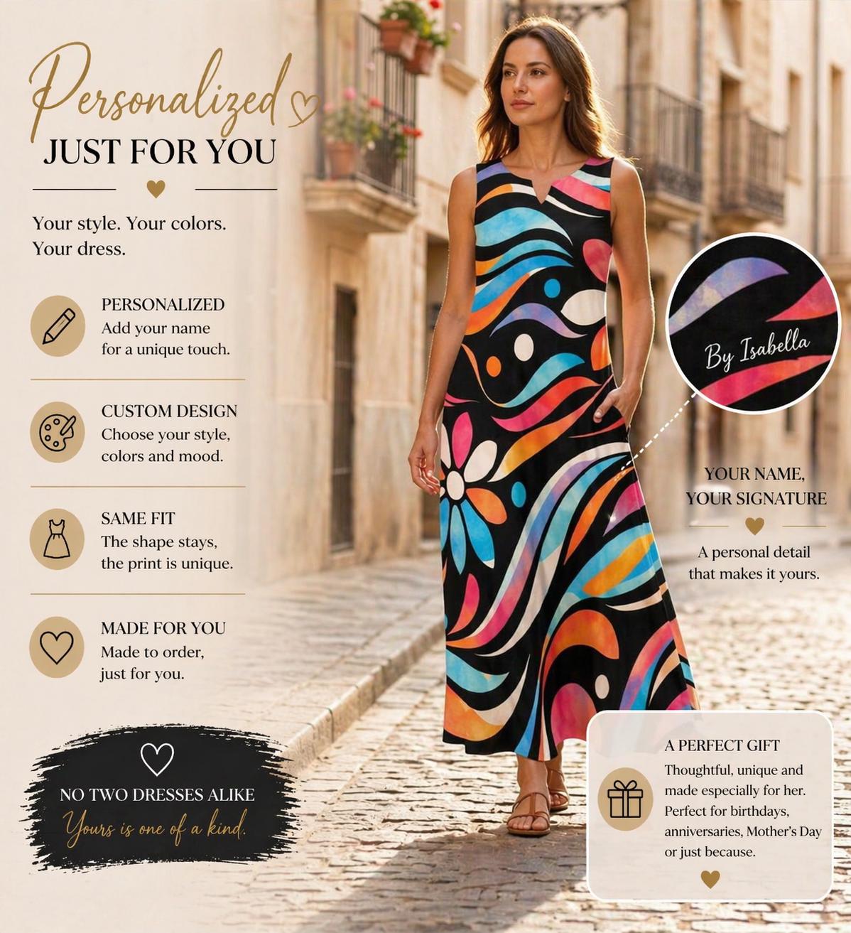 Colorful Artistic Maxi Dress with Pockets | Wearable Art Vacation Dress