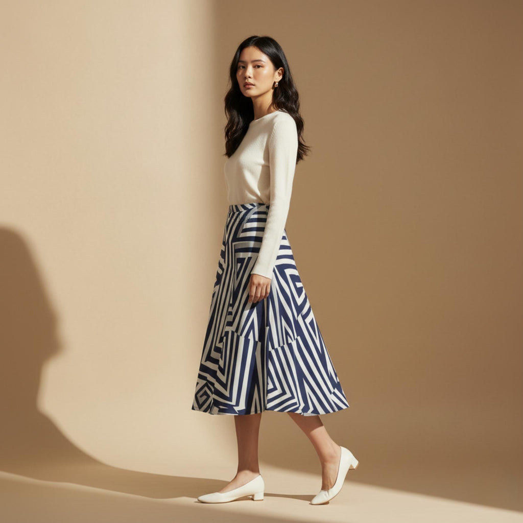 Navy Geometric Maxi Skirt | Architectural Wearable Art Skirt