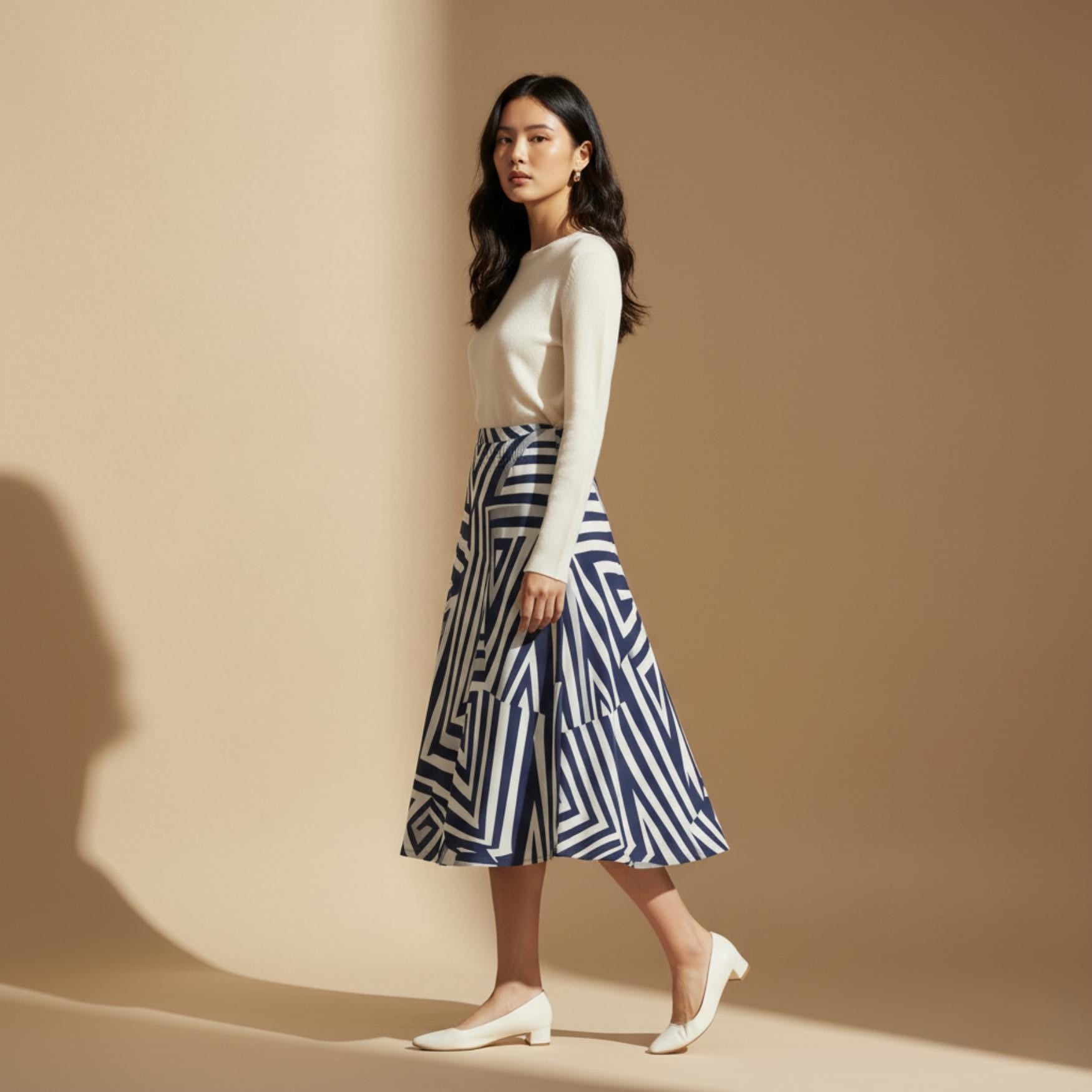 Navy Geometric Maxi Skirt | Architectural Wearable Art Skirt
