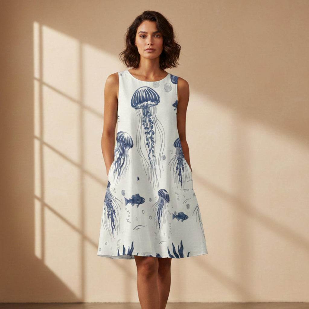Indigo Jellyfish A-Line Dress | Coastal Marine Pocket Dress