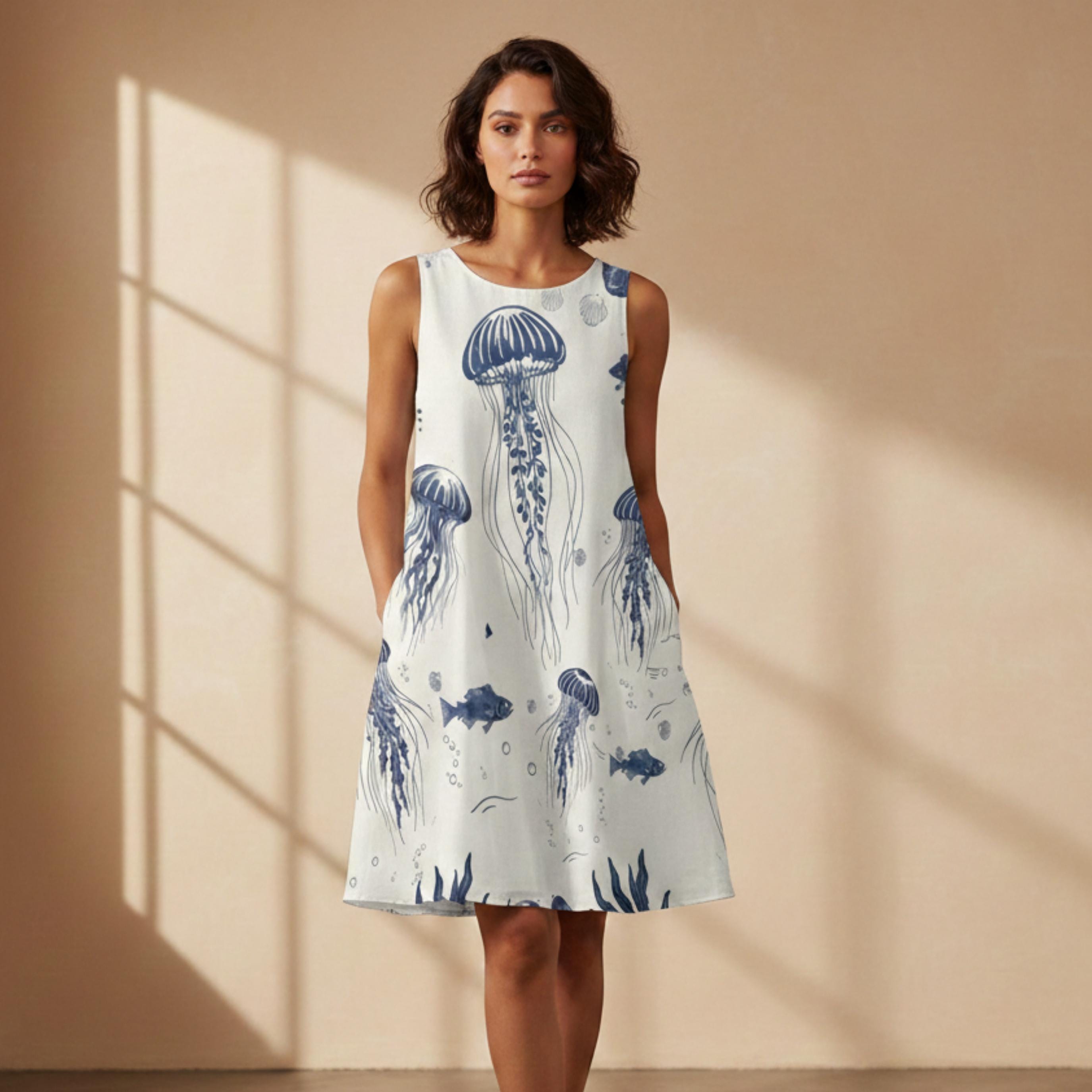 Indigo Jellyfish A-Line Dress | Coastal Marine Pocket Dress
