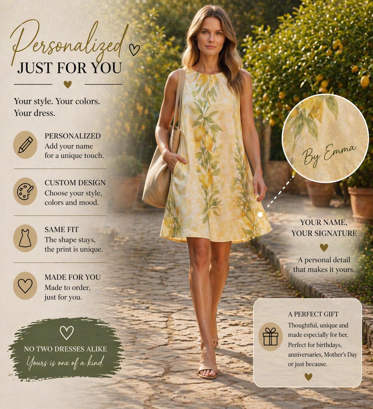 Personalized Lemon Midi Dress | Custom Name Mediterranean Summer Dress