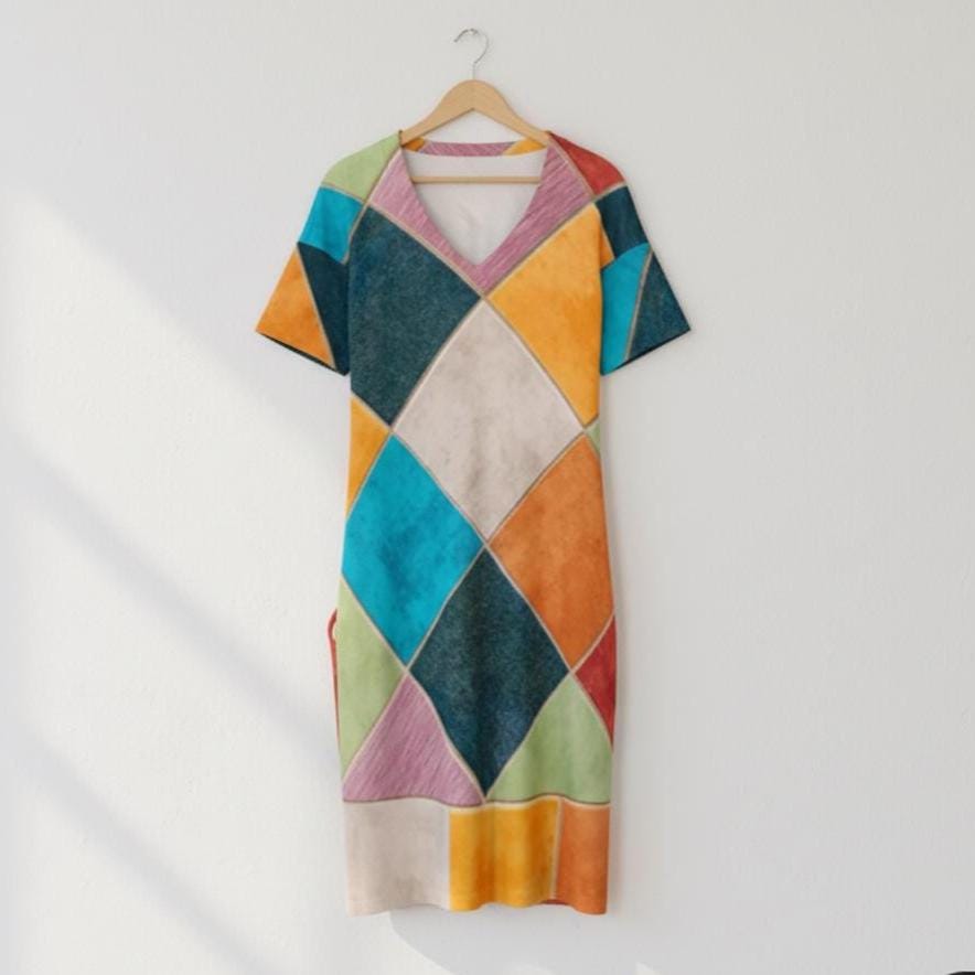 Colorful Geometric A-Line Dress | Boho Patchwork Vacation Dress