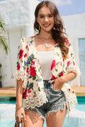 Women's beige floral lace-trim kimono