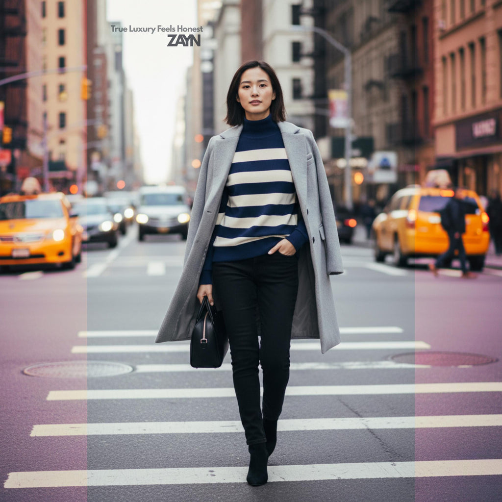 Navy Cream Striped Turtleneck Sweater | Quiet Luxury Winter Knit