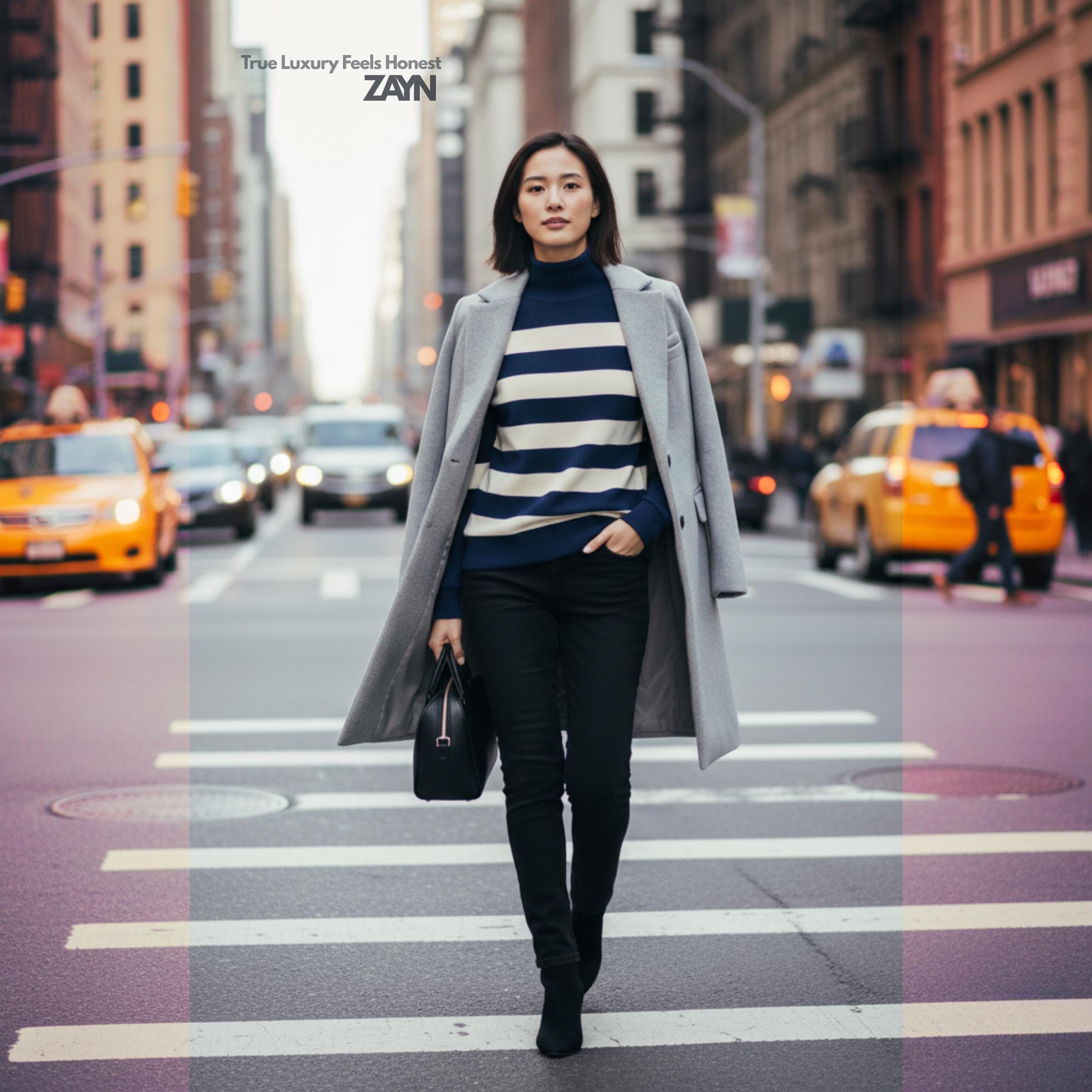 Navy Cream Striped Turtleneck Sweater | Quiet Luxury Winter Knit