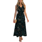Deep Teal Botanical Maxi Dress with Pockets | V-Neck