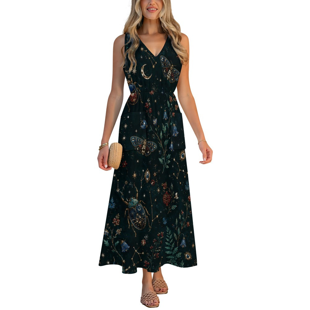 Deep Teal Botanical Maxi Dress with Pockets | V-Neck