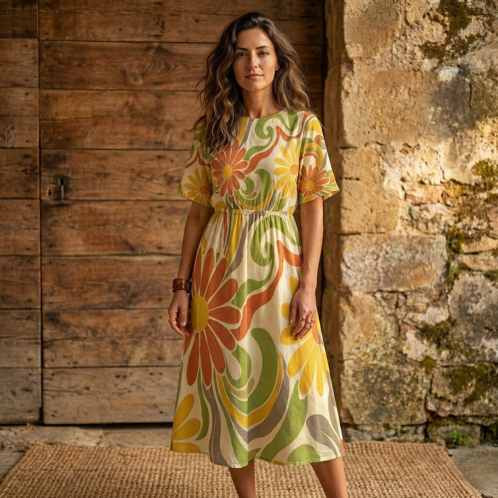 70s Floral Midi Dress | Retro Boho Summer Dress