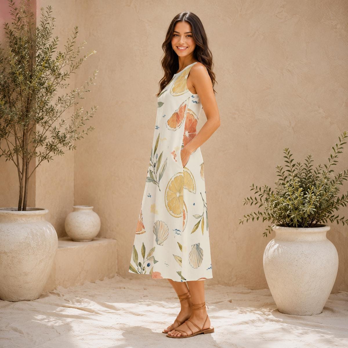 Lemon Olive Cotton Midi Dress | Mediterranean A-Line Pocket Dress