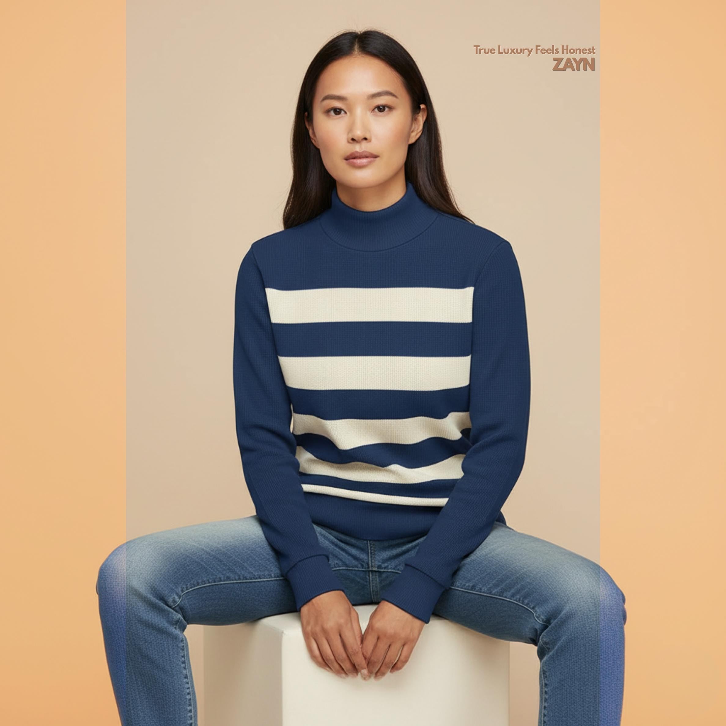 Navy Cream Striped Turtleneck Sweater | Quiet Luxury Winter Knit