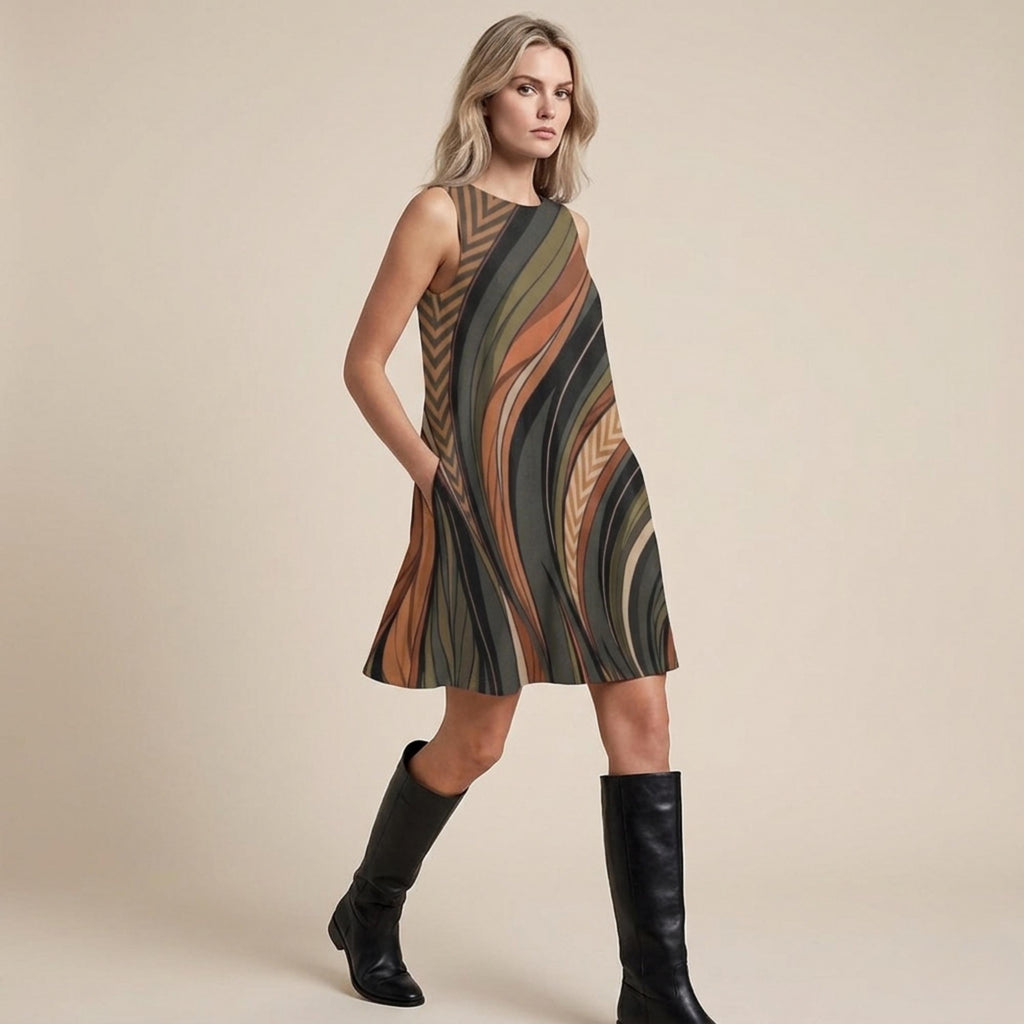 Retro Wave A-Line Midi Dress | Earth Tone Pocket Dress