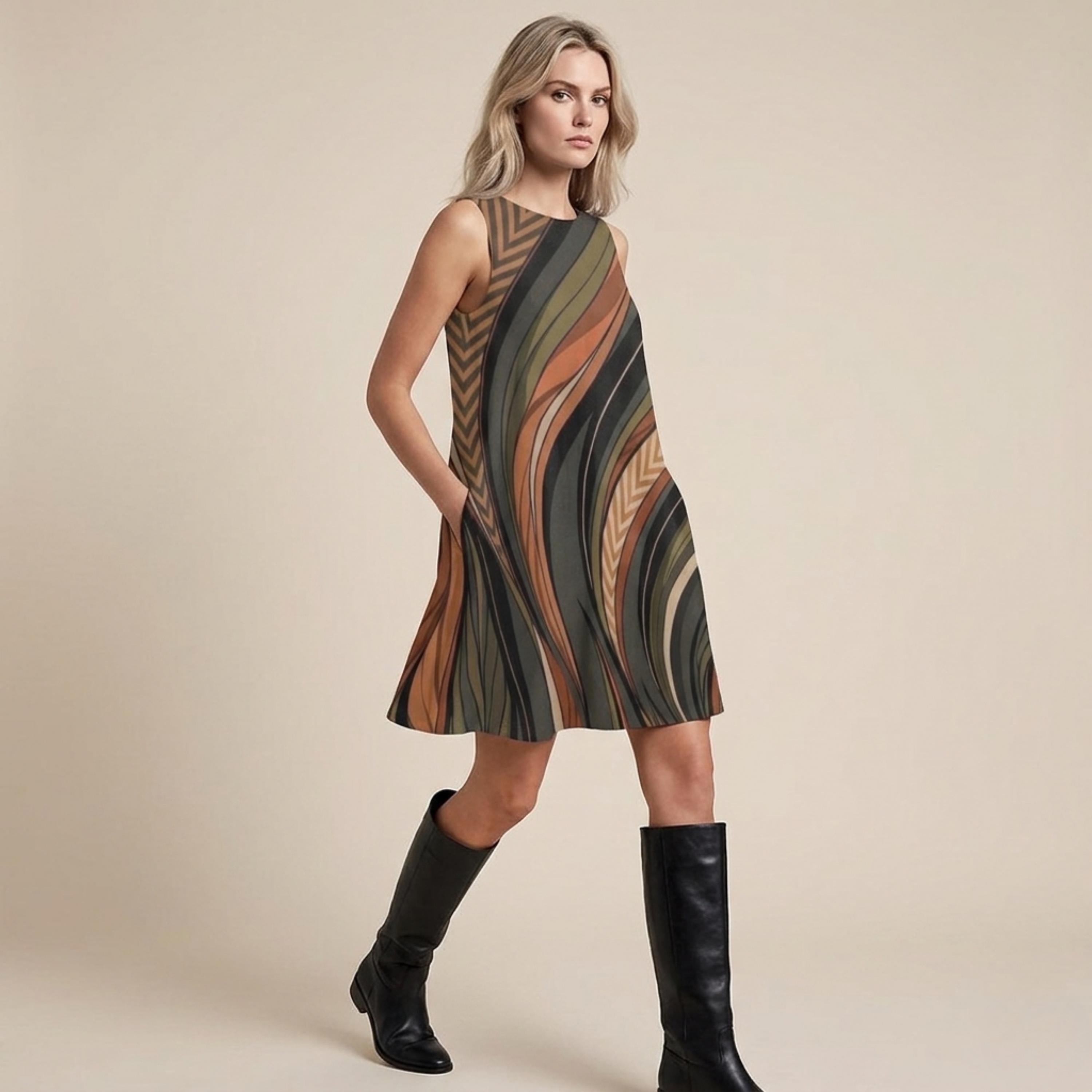Retro Wave A-Line Midi Dress | Earth Tone Pocket Dress