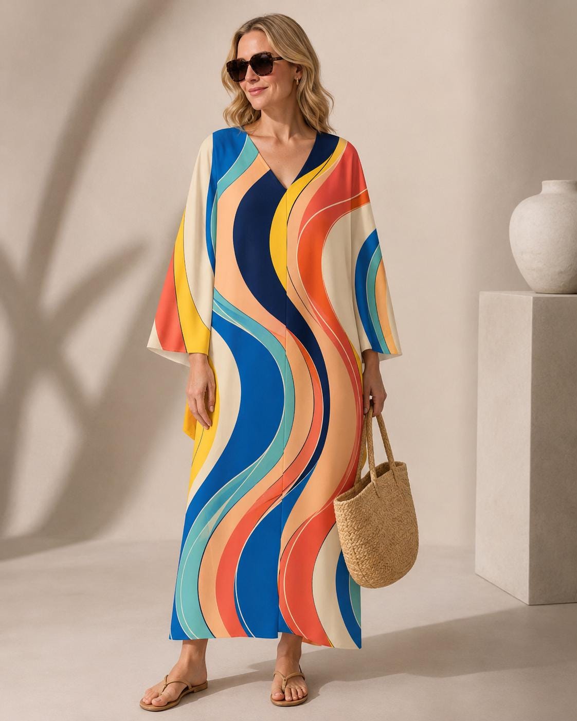 Retro Wave Kaftan Dress | Colorful 70s Resort Maxi Dress