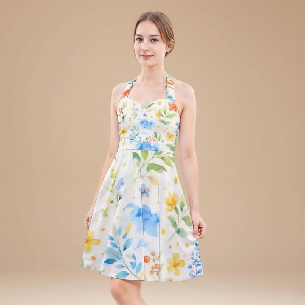 Watercolor Floral Halter Dress | Blue Yellow Skater Sundress