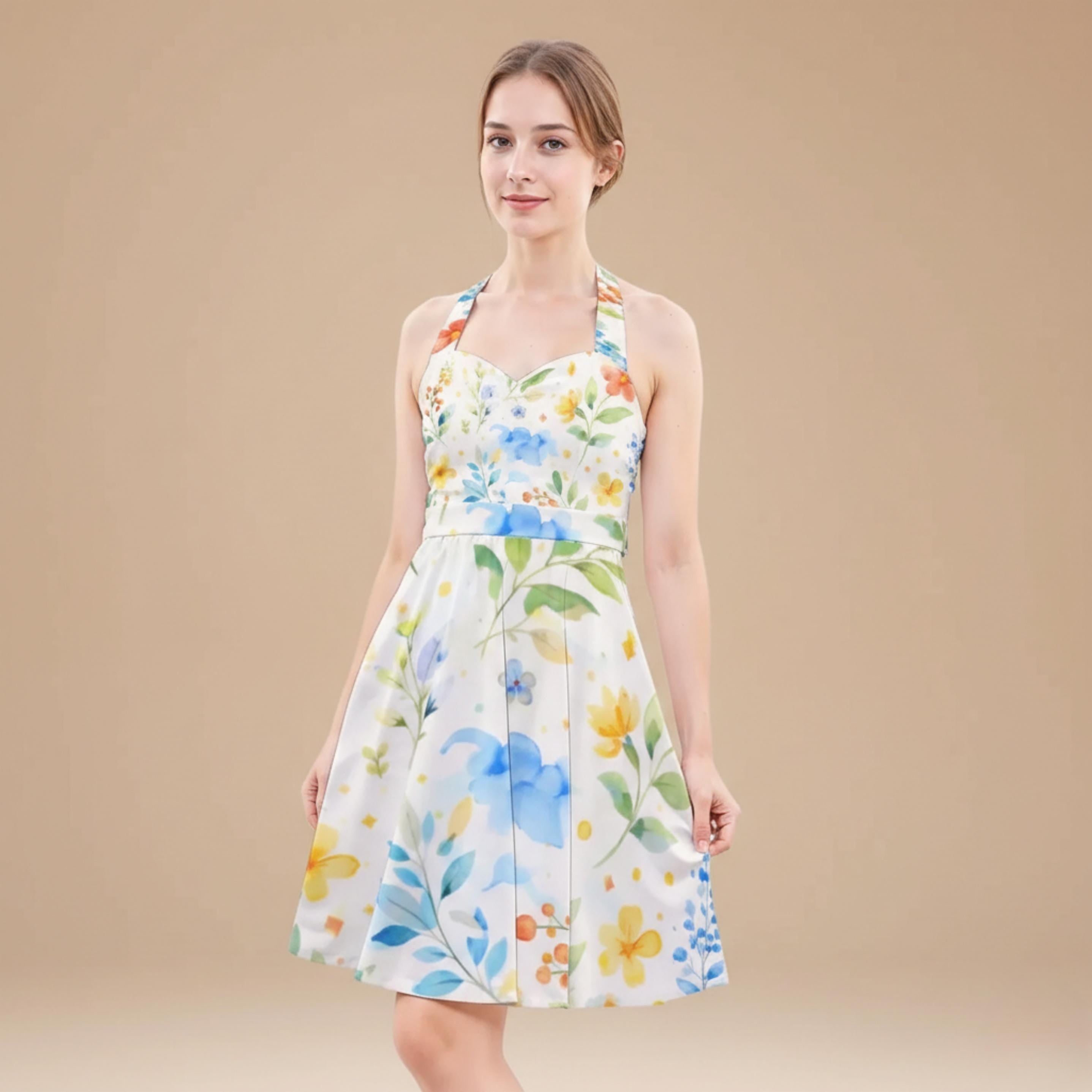 Watercolor Floral Halter Dress | Blue Yellow Skater Sundress