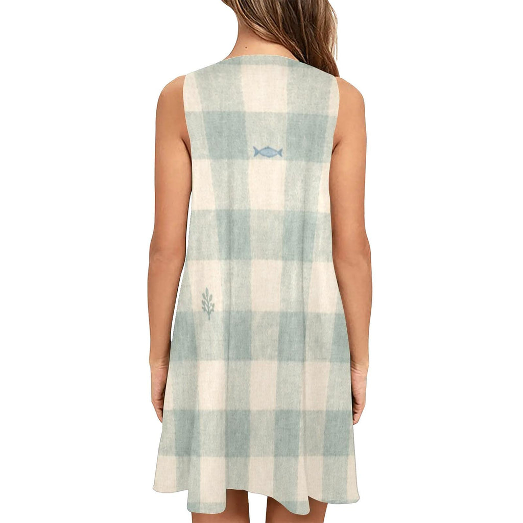 Beige Gingham Mini Dress | Scandinavian Coastal Pocket Sundress