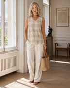 Neutral Gingham V-Neck Top | Minimalist Coastal Tank Blouse