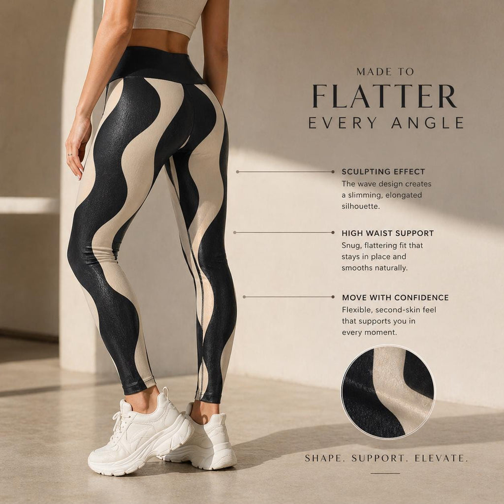 Black Beige Wave Leggings | Abstract High-Waist Yoga Pants