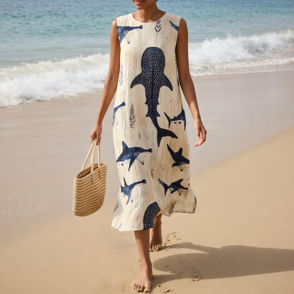 Whale Shark A-Line Dress | Coastal Cotton Pocket Resort Dress