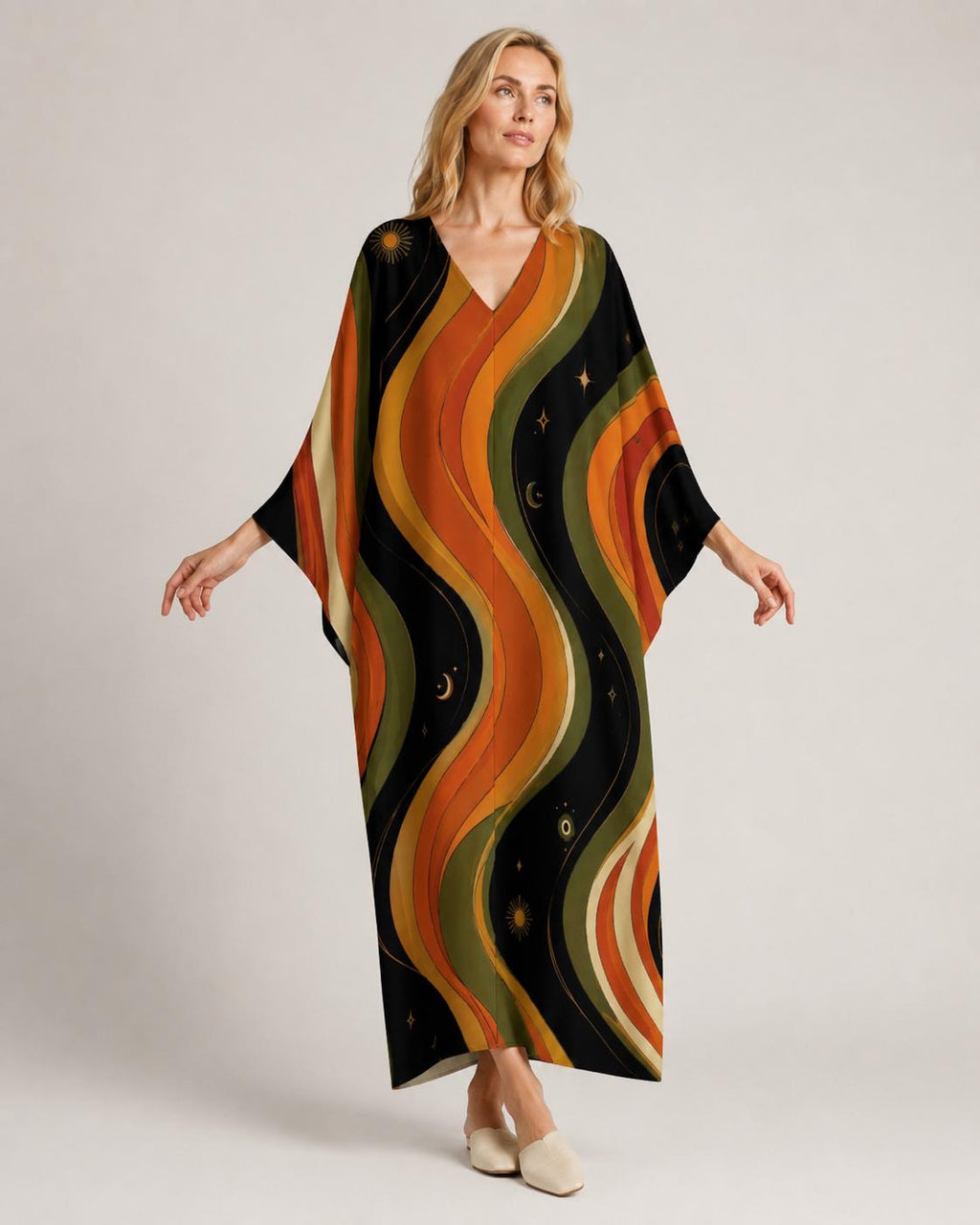 Retro Cosmic Kaftan Dress | Celestial Sun Moon Resort Wear