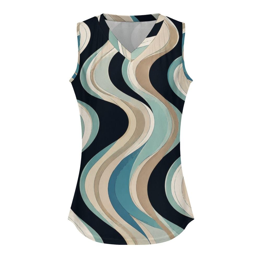 Retro Coastal Wave V-Neck Top | Teal Beige Resort Blouse