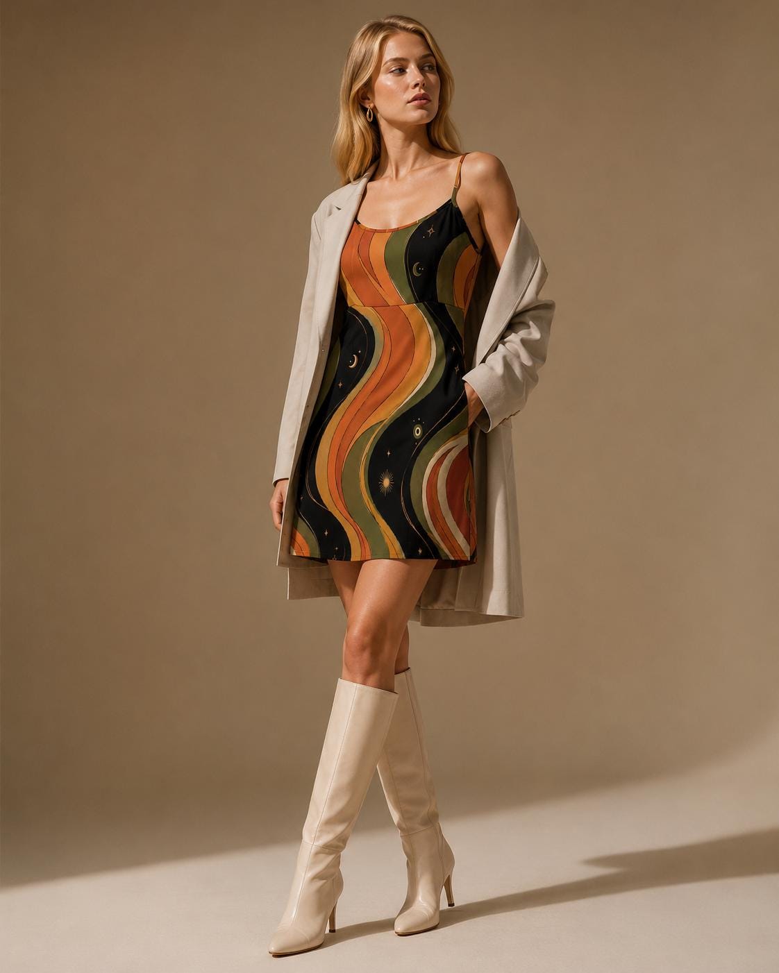 Celestial Retro Mini Dress | Moon Star Spaghetti Strap Sundress