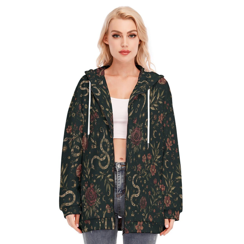 Dark floral paisley women's printed zip up hoodie — view 11