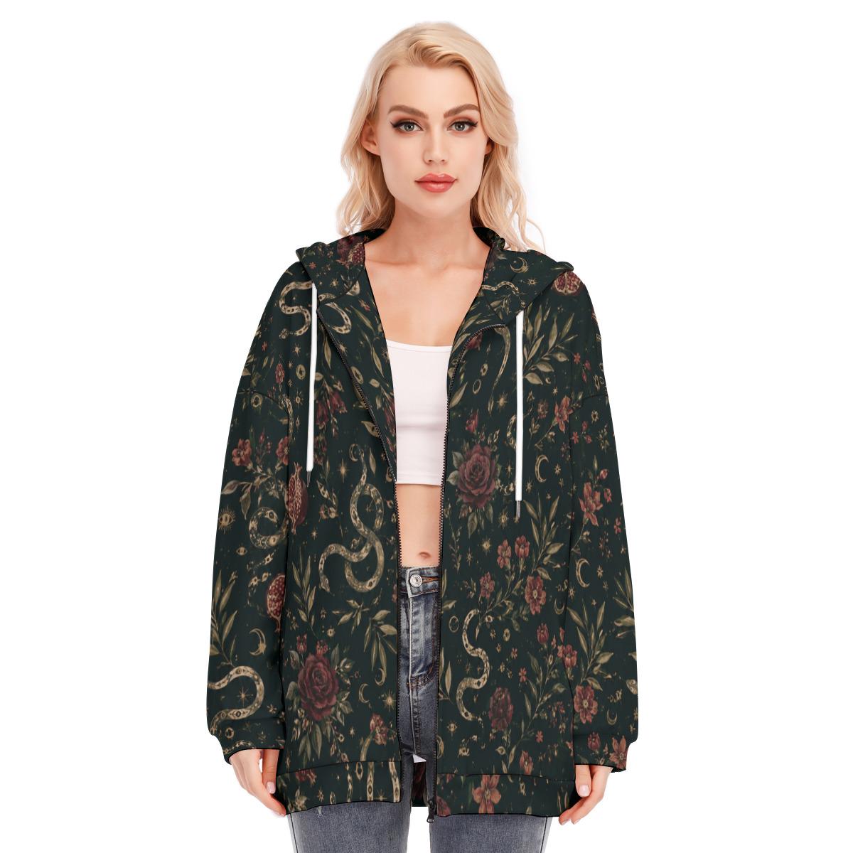 Dark floral paisley women's printed zip up hoodie — view 11