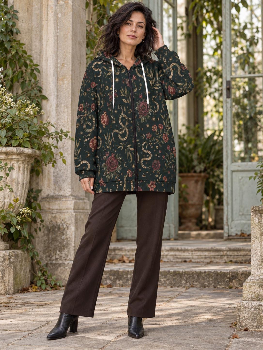 Dark floral paisley women's printed zip up hoodie — view 4