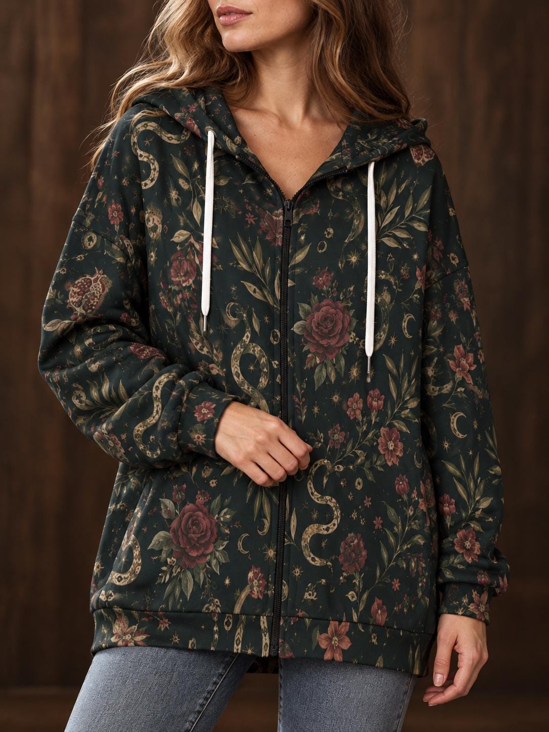 Dark floral paisley women's printed zip up hoodie — view 5