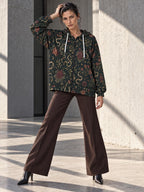 Dark floral paisley longline zip hoodie on model
