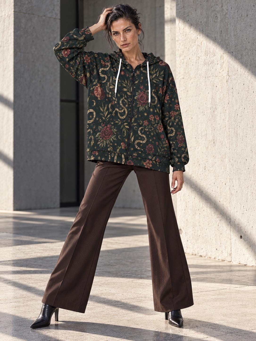 Dark floral paisley longline zip hoodie on model