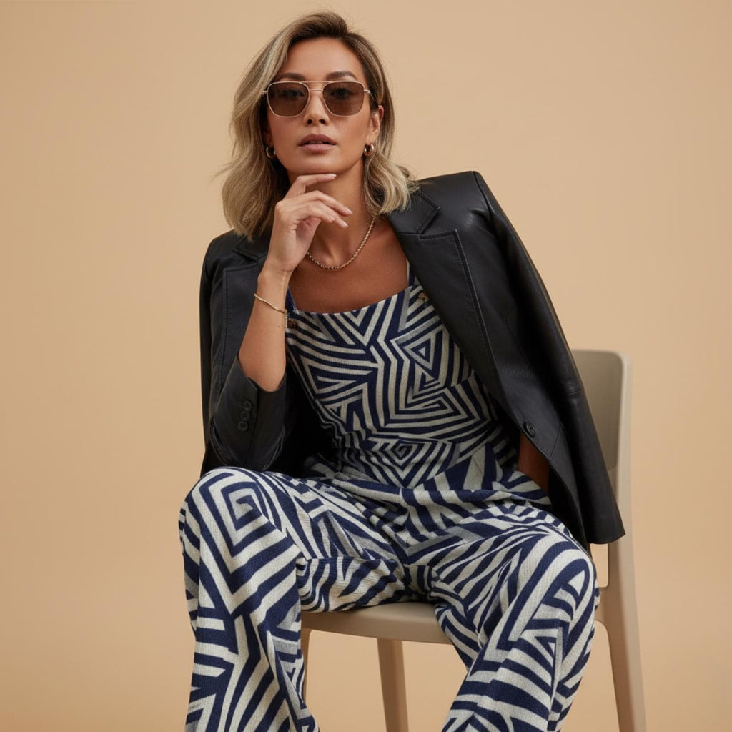 Navy Geometric Wide-Leg Jumpsuit | Modern Art Resort Outfit